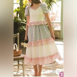 Ivy City Co Melanie Dress Floral Tiered Ruffle Midi Puff Sleeve Pink Blue XL